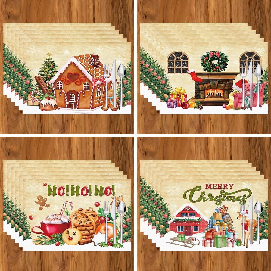 1 peça/4 peças/6 peças de jogos americanos de linho com estampa natalina vintage, adequados para mesa de jantar, Natal, podem ser presentes de Natal, decorações de Natal, aplicáveis para todas as estações, jogos americanos modernos laváveis, decoração de quarto, porta-copos, jogos americanos de mesa de jantar de cozinha, decorações para festas internas/externas, decoração para casa, presentes ideais - Multicolorido - Ver 1