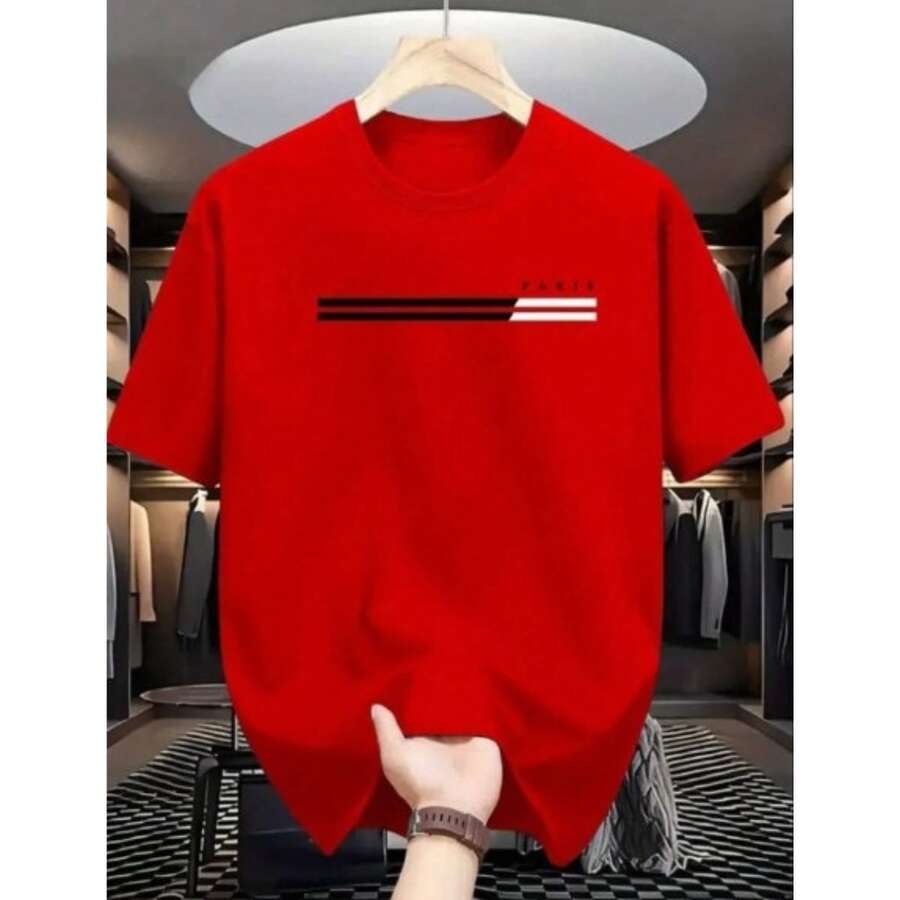 Camiseta Masculina Oversized StreetWear Camisa Paris 2 Faixas 100% Algodão Manga Curta - Vermelho - Visão 1