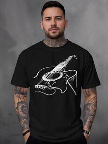 Men's 100% Cotton T-Shirt With Guitar Print - 黑色 - 查看 1