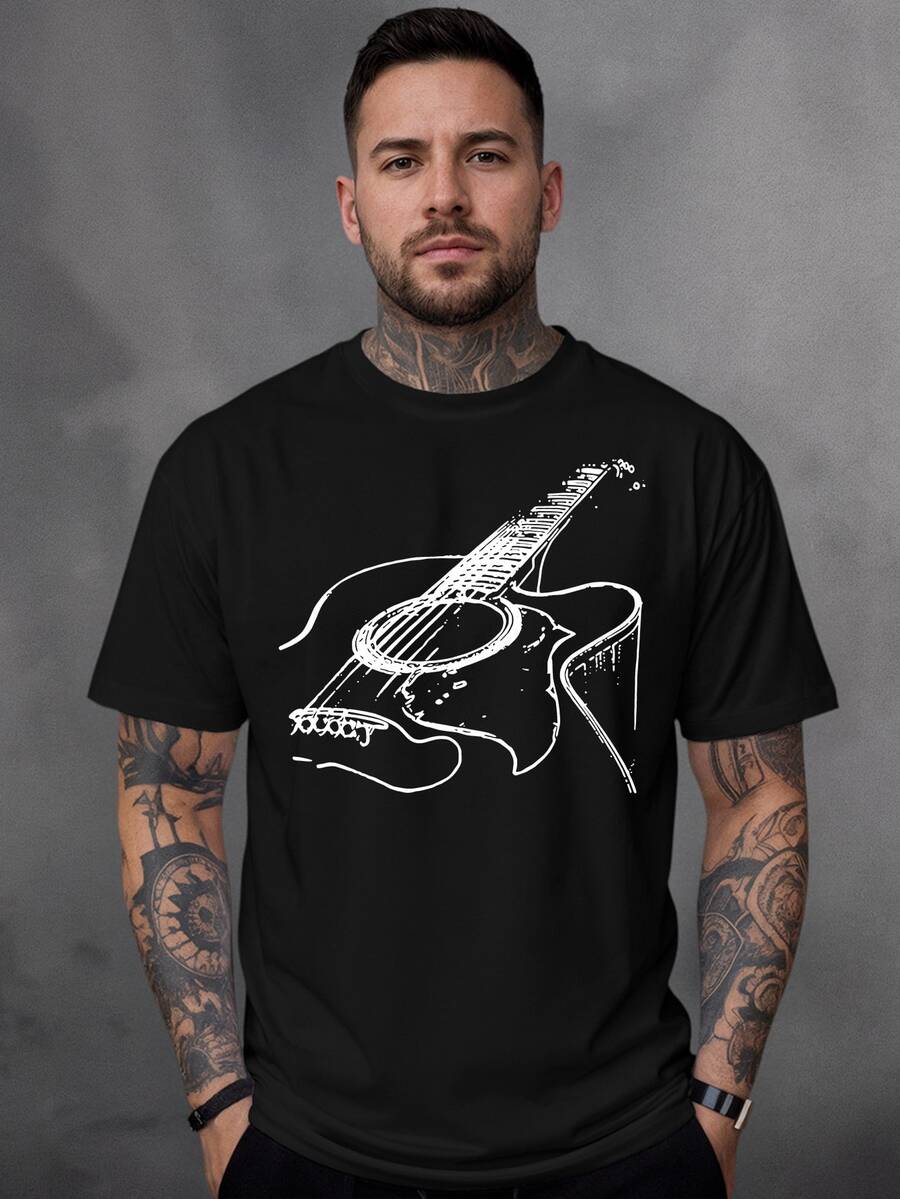 Men's 100% Cotton T-Shirt With Guitar Print - 黑色 - 查看 1