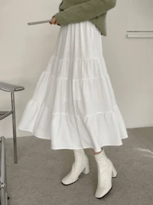 Multi-Layered Ruffled Details, Slim-Fitting Mid-Length, Draped Chiffon Fabric, White Skirt, Korean Style, Gentle And Artistic Style, Suitable For Commuting To Work, Dating, Afternoon Tea, Spring And Autumn Daily Wear, Festivals, And Streetwear. - White - View 4