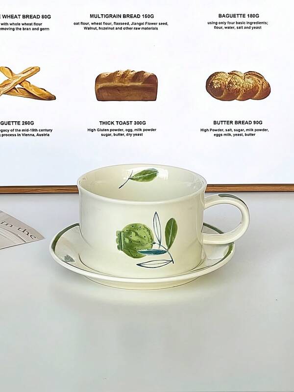 1 Set Finnish Vintage Coffee Cup & Saucer, Pomegranate Fruit & Fresh Green Coffee Cup, Ins Style Afternoon Tea Cup Set, Suitable For Home, Cafe, Souvenirs, Gifts