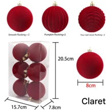 Christmas Ball Red Flocking Ball Christmas Tree Decoration Pendant 8cm 6 Scenes Layout Ball - 酒紅色 - 查看 1