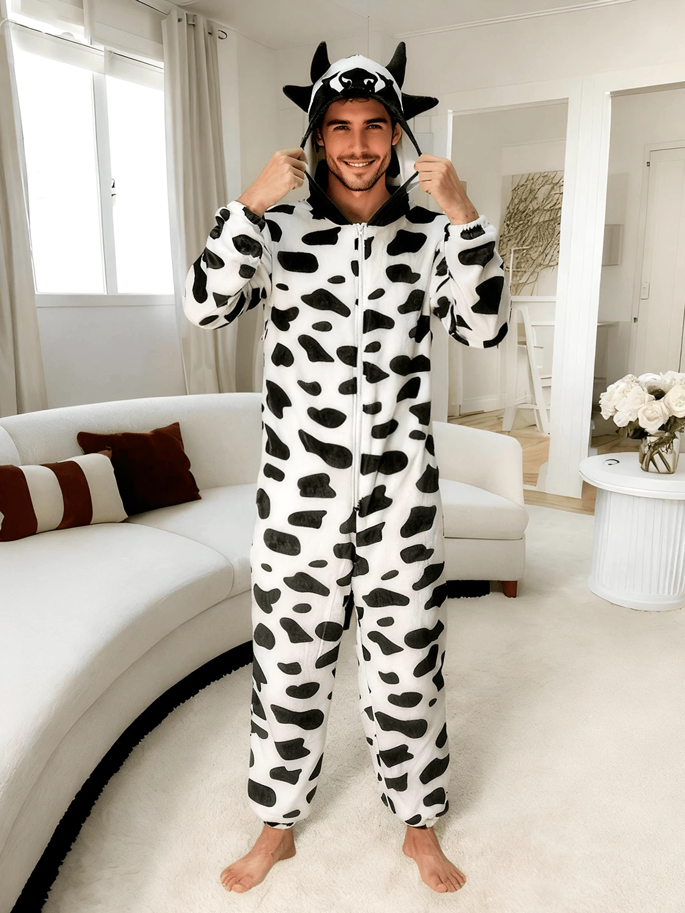 Men's Cow Print Hooded Pajama Jumpsuit, Fall & Winter - Black and White - View 1