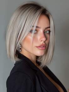 12 Inch Ombre Blonde Bob Wig Shoulder Length Wigs For Women Natural Looking Dark Brown Roots Middle Part Heat Resistant Fibre Synthetic Wig Daily Party Cosplay Use - Blonde Ombre - View 1