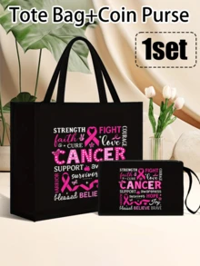 Women's Black Tote Bag And A Small Bag For Women -Shoulder Handbag With Breast Cancer Awareness Pink Ribbon Graphic , Multi Functional Portable Teacher Handbag,Women's Linen Large Capacity Handbag.Portable Casual Storage Handbag With Innovative Design And Large Capacity, Making It An Ideal Shopping Bag,Perfect Religious Gift For Her Soul Companionteacher's Thank You Gift