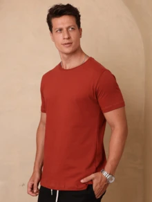 Camiseta Básica Masculina Lisa Manga Curta Camisa 100% Algodão Premium Camisa Masculina - Terracota - Visão 5