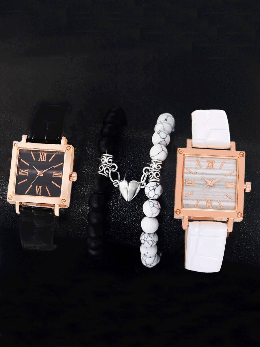3pcs/Set Fashion Square Dial Watch, Fashionable Luxury Bamboo Texture Couple Leather Strap Classic Quartz Watch Set - Black and White - View 1