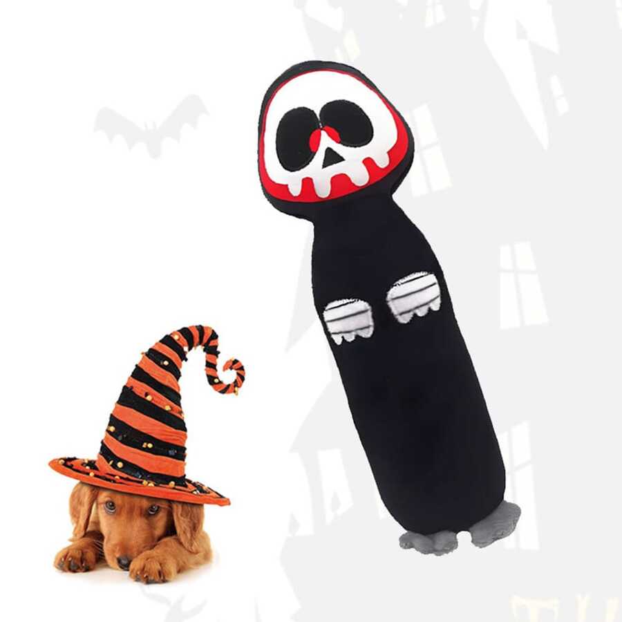 1 pezzo Bambola da masticare per animali domestici di Ognissanti, bambola di peluche per cani con fischietto e design del Grim Reaper, bambola da masticare resistente per la pulizia dei denti