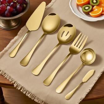 1/6 piezas Juego de utensilios de servir de acero inoxidable, que incluye cuchara de servir, cuchara ranurada, tenedor, pala para tarta, cucharón de sopa, cuchillo para mantequilla
