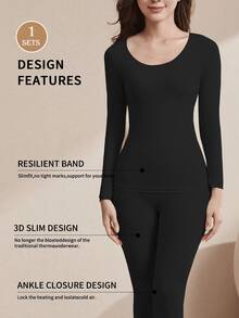 QUASTI 1-Piece Set Women's Base Layer Top Solid Color Simple Lightweight Warm Super Elasticity Includes Top And Pants - 黑色 - 查看 3