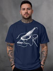 Men's 100% Cotton T-Shirt With Guitar Print - 藏蓝色 - 查看 1