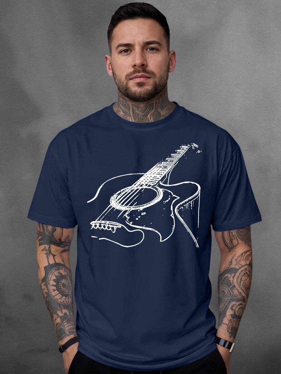 Men's 100% Cotton T-Shirt With Guitar Print - 藏蓝色 - 查看 1
