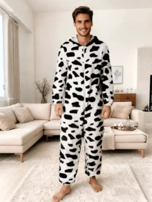 Men's Cow Print Hooded Pajama Jumpsuit, Fall & Winter - Black and White - View 4