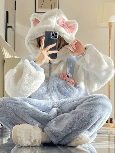 女士舒适保暖长袖连帽睡袍连体衣 - 柔和灰色和粉色蝴蝶结装饰，温暖秋冬睡衣，带口袋，可爱睡衣，舒适家居服，俏皮设计，柔软质地