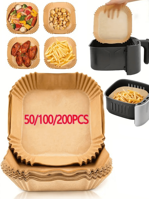 50/100/200pcs Air Fryer Disposable Paper Liners, Square Shaped Fit For 2-8QT Air Fryers, Non-Stick, Oil-Proof, No Tray Needed - Kitchen Accessories, Suitable For Frying, Baking, Cooking, Grilling And Microwave