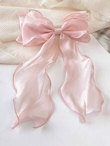 ROMWE Kawaii 1pc Sweet Pink Princess Style Mesh Bow Long Streamer Spring Clip, Elegant Gentle Elegant Half-Bun Hair Accessory, Pink Tone Accessories For Ladies, Campus Essential, Cute Bow Hair Clip - Pink - View 13