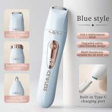 GENAI 三合一女士电动剃须刀，配有面部、身体和鼻部修剪刀头，无痛脱毛，Type-C充电式剃须刀
