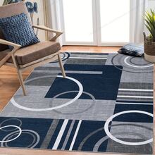 1pc Washable Carpet, Modern Geometric Pattern, Suitable For Living Room, Bedroom, Office, Striped & Circular Design, Contemporary Distressed Style, Low Pile, Neutral Soft, Patchwork Square Pattern, Navy Blue/Grey - Multicolor - View 4