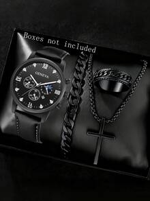 4件套男士黑色PU皮表带休闲商务罗马刻度石英表、手链、项链、戒指首饰套装，适合日常佩戴或作为父亲节礼物 - B - 查看 8