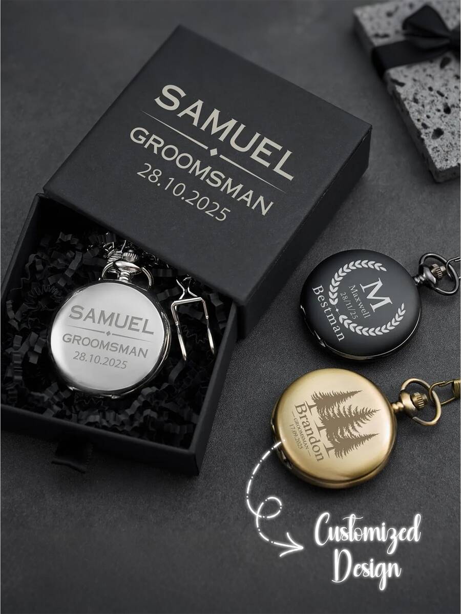 (Battery Not Included) Personalized Engraved Pocket Watch, Elegant Groomsman Gift, Best Men's Gift, Proposal Gift, Memorial Wristwatch With Chain And Gift Box - Multicolor 1 - View 1