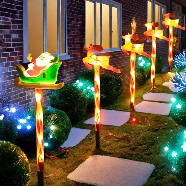 6pcs Solar Powered Christmas Garden Decor Lights, Santa Claus & Deer Design, LED Fairy Lights For Lawn And Ground, Waterproof Outdoor Party Decoration
