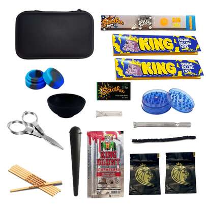 Kit PREMIUM com 17 Itens completo Seda Piteira Estojo Blunt Tesoura Mocó Pilão Ceda e Piteira de Vidro com Limpador de Piteira
