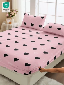 1 buc. Cearșaf cu elastic, lenjerie de pat, cearșafuri cu elastic, protecție pentru saltea, husă de pat, cearșaf de pat, decorațiune pentru casă, textil confortabil pentru casă, protecție pentru saltea respirabilă și anti-scărpaturi, moale și prietenoasă cu pielea, lenjerie de pat moale și confortabilă pentru dormitor, husă de saltea la modă, perna și fața de pernă nu sunt incluse, cearșaf cu elastic cu model de inimă roz și negru, Oeko-Tex