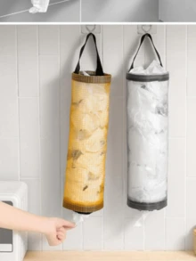 1pc Space-Saving Mesh Hanging Plastic Bag Storage Box - Foldable Breathable Kitchen Grocery Bag Organizer, Grocery Bag Rack, Home Storage Container