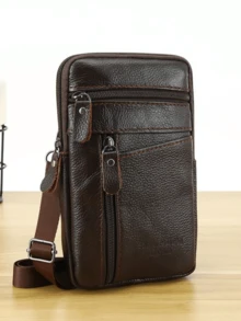 真皮腰包男士手机包可佩带户外运动单肩小包商务斜挎包，主包结构采用拉链开口，内含主包插片。黑色和棕色可选。尺寸：21cm * 13cm * 2cm。 - 彩色 - 查看 15