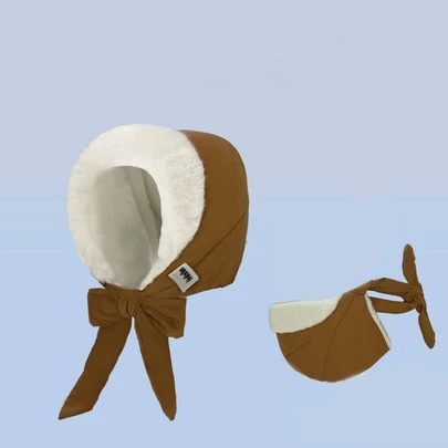 女士耳罩式毛绒帽，纯色休闲蝴蝶结飞行员帽，秋冬男女服装