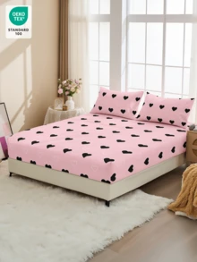 1 buc. Cearșaf cu elastic, lenjerie de pat, cearșafuri cu elastic, protecție pentru saltea, husă de pat, cearșaf de pat, decorațiune pentru casă, textil confortabil pentru casă, protecție pentru saltea respirabilă și anti-scărpaturi, moale și prietenoasă cu pielea, lenjerie de pat moale și confortabilă pentru dormitor, husă de saltea la modă, perna și fața de pernă nu sunt incluse, cearșaf cu elastic cu model de inimă roz și negru, Oeko-Tex