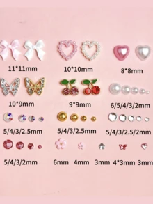 1 Hộp hỗn hợp ngẫu nhiên các loại phụ kiện trang trí móng tay hình trái tim và nơ đính ngọc trai ABS, hình bướm 3D bằng hợp kim và quả anh đào đính đá, hình dáng bất đối xứng, phụ kiện làm móng phong cách Y2K, đồ dùng làm móng DIY - Nhiều màu - Xem 4