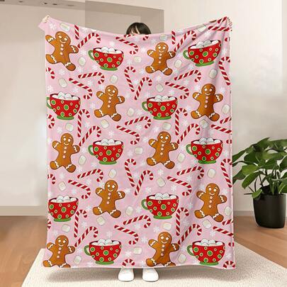 Christmas Fuzzy Blanket Gingerbread Man Candy Cane Throw Blanket Pink Cozy Flannel Blanket For Xmas Winter Home Bed Sofa Couch Chair