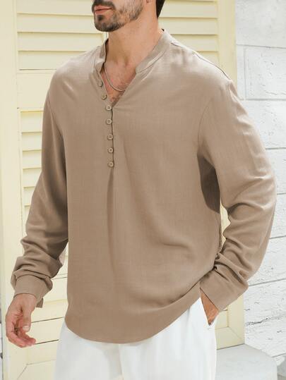 Men's Solid Color Casual Stand Collar Button-Up Long Sleeve Shirt, Comfortable Minimalist Design For Commuting, Spring & Autumn