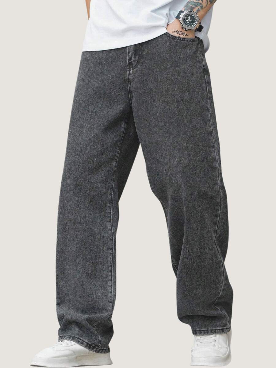 Balloon Pants Men's Jeans Bag Wide Leg Streetwear Faded Graphite Gray - 灰色 - 查看 1