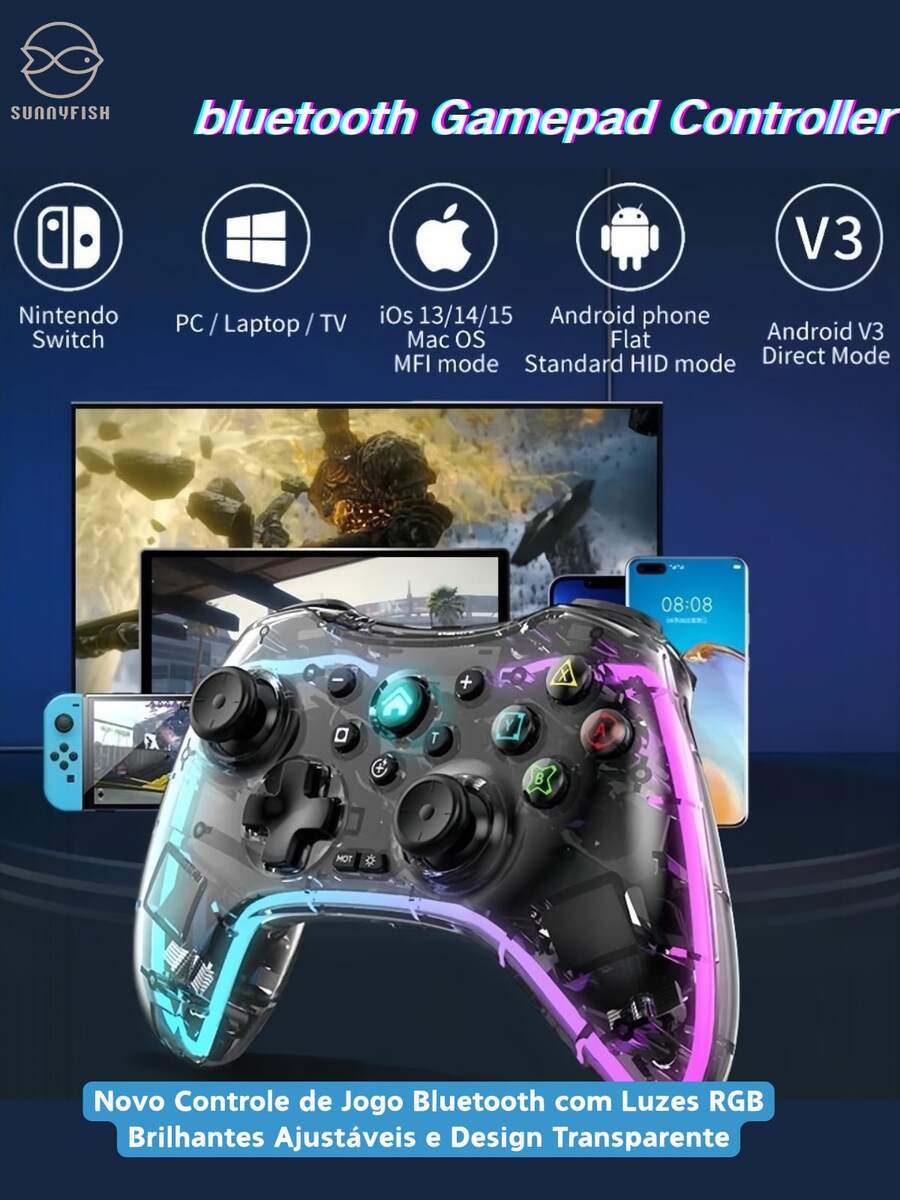 New Transparent Adjustable RGB Glare Lights Bluetooth Gamepad Controller Fr Switch - 黑色 - 查看 1