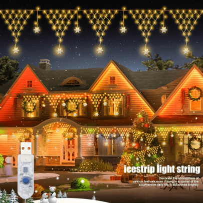 1 Stück LED Schneeflocken Atmosphäre Licht, Schneeflocken Fischnetz Dachrinne Außenbeleuchtung, USB Dreieckiges Netz Licht, Vorhang Licht, 100 LED Perlen, geeignet für Dach, Zelt, Garten Dekoration, geeignet für Weihnachten, Camping, Dekorieren von Eislichtern