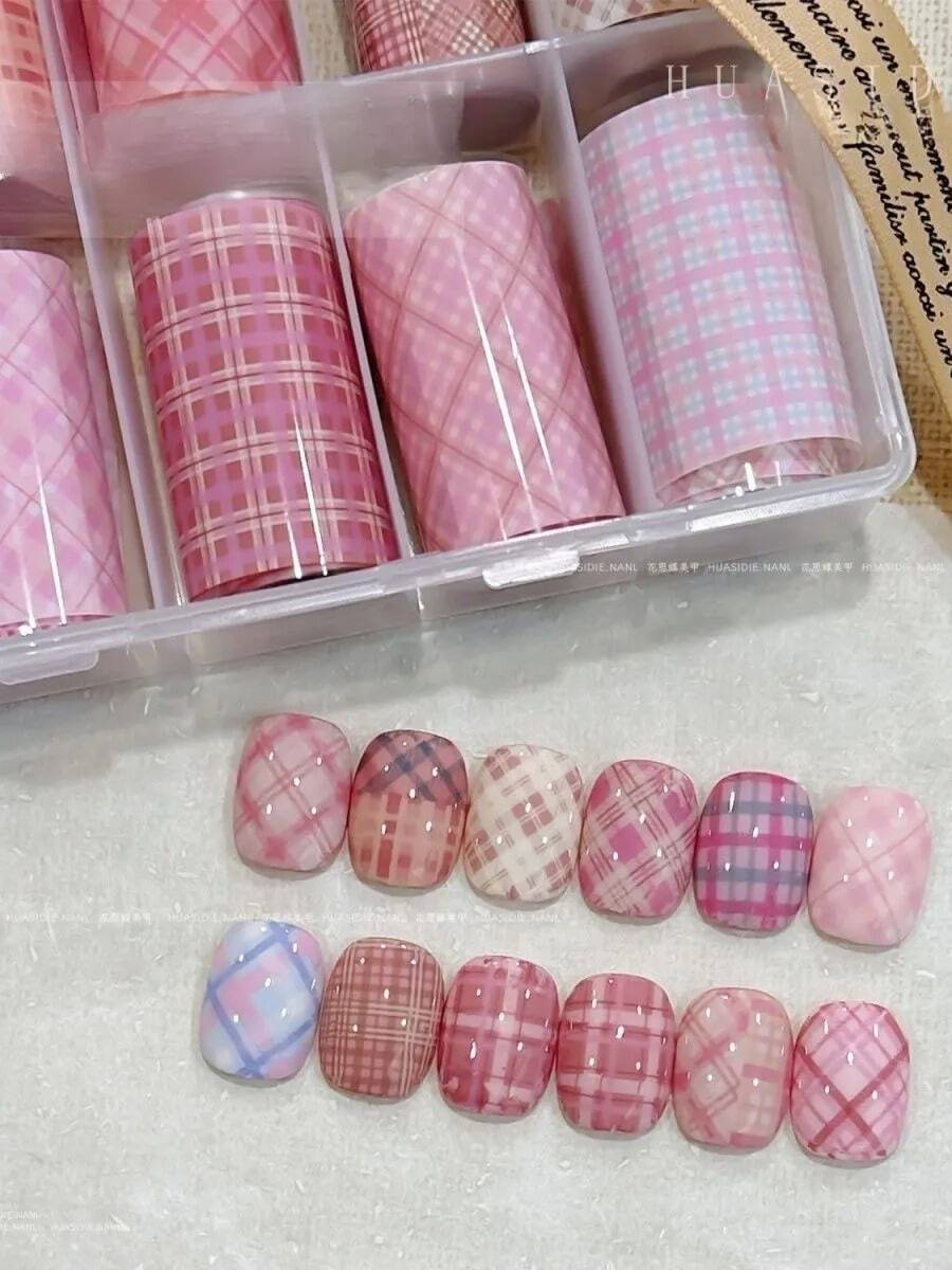 10卷粉色全息美甲箔条,美甲转印箔贴纸,DIY亚克力美甲装饰美甲用品 - 粉色 - 查看 1