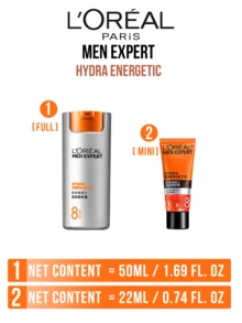 LOREAL Men 8-In-1 Expert Hydra Energetic Lotion 22/50ml, Multi-Functional Revitalizing Moisturizer, Instantly Reduces Fatigue, Brightens Dullness, Niacinamide & Complex Vitamins + Caffeine, Perfect For Men's Anti-Aging Skincare Routine, Smoothes And Firms, For Daily & Travel Use