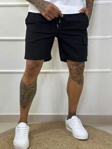 Men's Cargo Bermuda Shorts With Elastic - Black - View 4