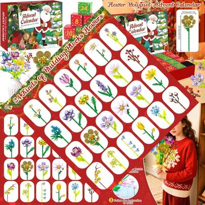 Advent Calendar 2025 - Flower Bouquet Blocks For All Ages, 24 Days Christmas Countdown With 24 Flower Kinds