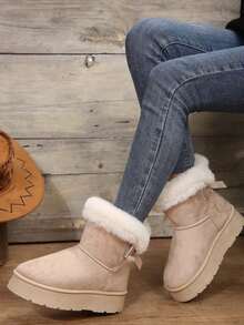 Women's Fleece-Lined Short Snow Boots, Beige - Warm, Soft-Soled, Comfortable & Non-Slip Winter Snow Boots, Plush Boots - cơm - Xem 4