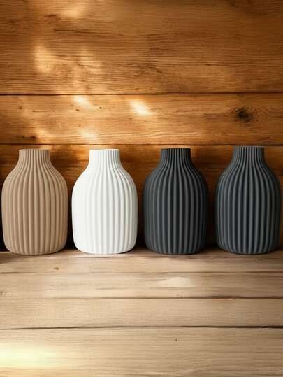 1PC Fake Ceramic Plastic Vase Pampas Flowers, Minimalist Home Beige Zwart Cylindrical Vase, Gestreepte Texture, Smooth Surface, Living Room/Bedroom/Wedding/ Centerpiece Tafel Flower Room Glass view 2