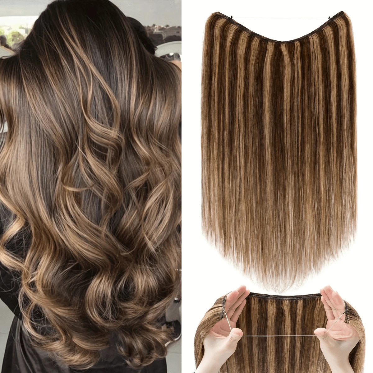 Fish Line Human Hair Extension Wire Natural Hair One Piece Invisible Wire Hair Weft With 3 Clips Natural Black Hair Clip In Human Hair Extensions For Women