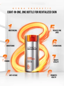 LOREAL Men 8-In-1 Expert Hydra Energetic Lotion 22/50ml, Multi-Functional Revitalizing Moisturizer, Instantly Reduces Fatigue, Brightens Dullness, Niacinamide & Complex Vitamins + Caffeine, Perfect For Men's Anti-Aging Skincare Routine, Smoothes And Firms, For Daily & Travel Use