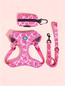 PETSIN Bộ 3 món quà tặng ngày lễ tình nhân in hình trái tim chất lượng cao Adjuatbale màu đỏ hồng cho thú cưng, dây dắt & túi đựng phân cho đi dạo ngoài trời - Màu Hồng Tươi - Xem 1