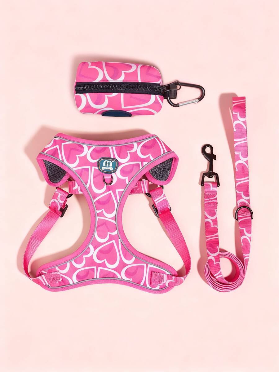 PETSIN Bộ 3 món quà tặng ngày lễ tình nhân in hình trái tim chất lượng cao Adjuatbale màu đỏ hồng cho thú cưng, dây dắt & túi đựng phân cho đi dạo ngoài trời - Màu Hồng Tươi - Xem 1