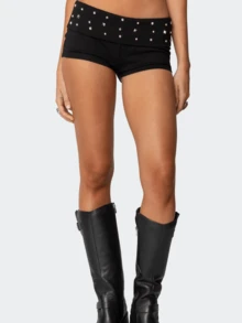 Women Y2K Studded Foldover Vintage Low Waist Slim Fit Micro Shorts - 黑色 - 查看 1