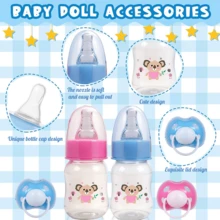婴儿娃娃喂食玩具套装，包含尿布、奶瓶和奶嘴。采用逼真的设计和材料精心制作，适用于重生娃娃、新生儿娃娃和婴儿娃娃。非常适合亲子互动和派对游戏。有粉色和蓝色可选。完美的节日礼物。（图案和颜色随机。不含娃娃。）